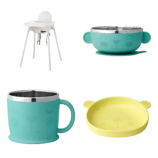 ANTILOP/KANONKUL set: highchair with tray + green bowl + green cup + yellow plate, white/white + blue, Width 56 x Depth 60 x Height 90 cm