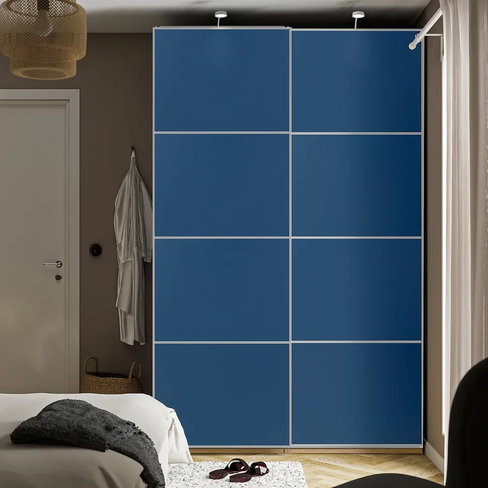 MEHAMN Pair of sliding doors, aluminium/double sided blue, 150x236 cm
