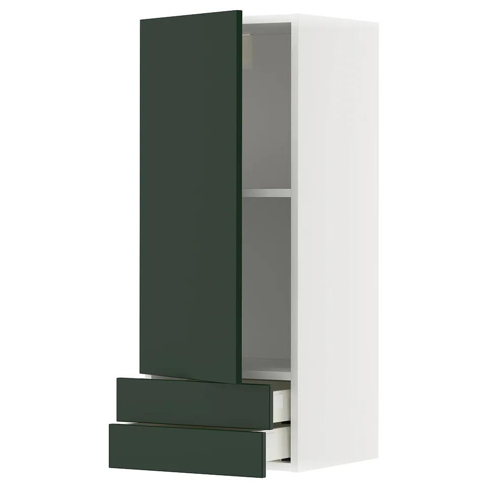 A modern, tall white kitchen cabinet with green drawers and a door.