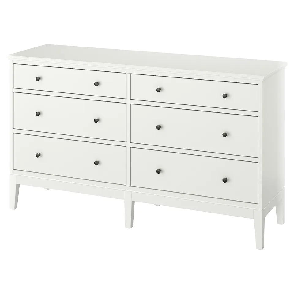 White IDANÄS dresser with six drawers and sleek design.