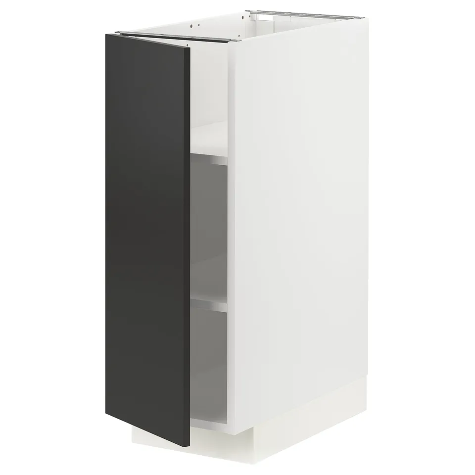 Modern white cabinet with black door, square, minimalist design.
