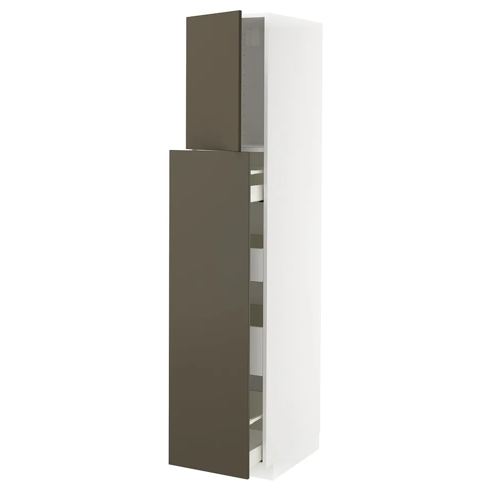 White METOD cabinet, brown doors, open top, bottom shelves.