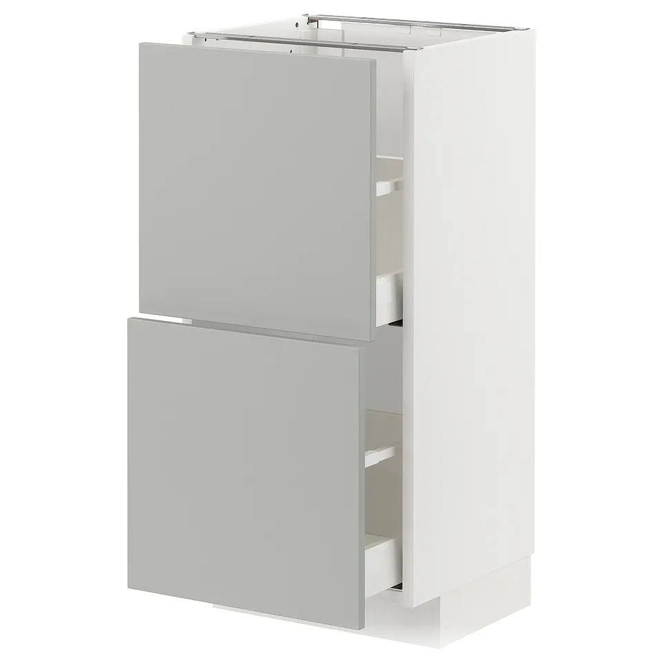 Modern kitchen cabinet, light grey, with two drawers and two shelves. Sleek design with flat surfaces and clean lines.