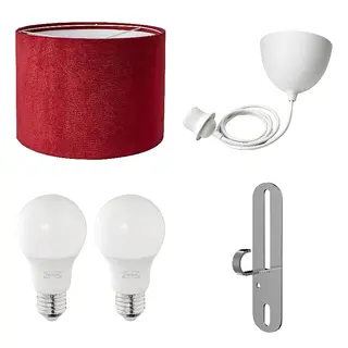 FÖRUT/HAVSDJUP/MOLNSKIKT/SOLHETTA set: lamp shade + cord set + LED bulb E27 470 lumen + pendant/ceiling lamp hook, dark red velvet + white + globe opal white, 33 cm