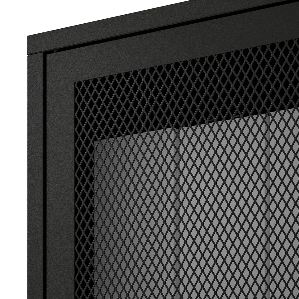 Black mesh cabinet with fine diamond-patterned net, mounted on wall. Sturdy and modern design.