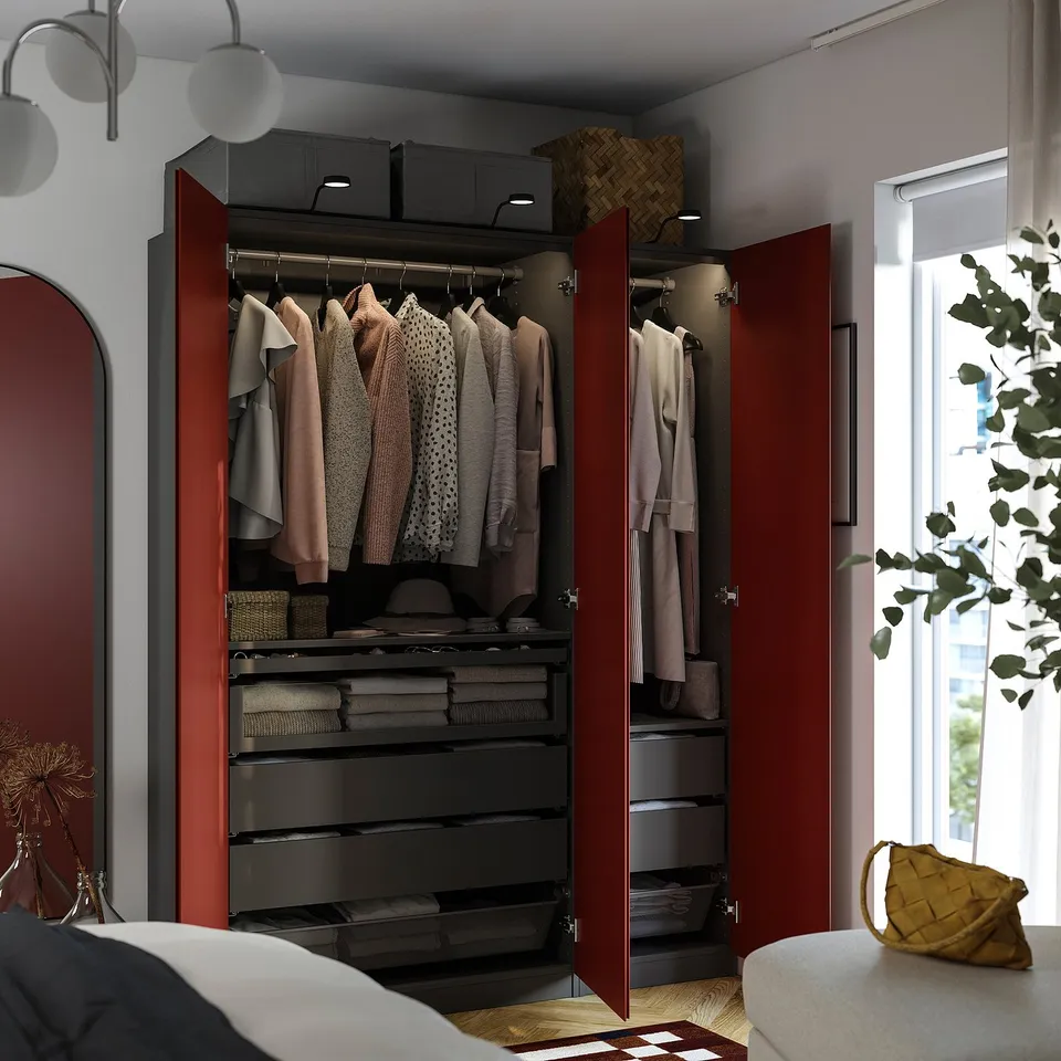 PAX / VIKANES Wardrobe combination, dark grey/red-brown, 150x60x201 cm
