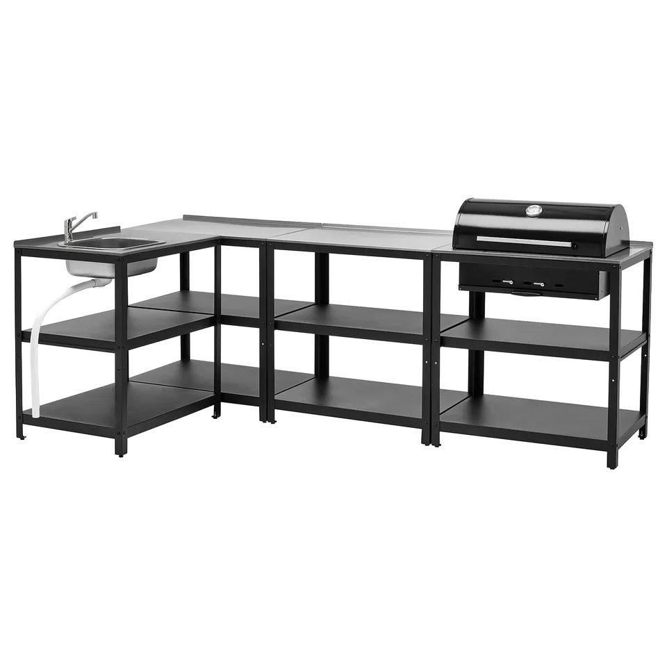 GRILLSKÄR outdoor kitchen: l-shaped, black metal, stainless steel accents, sink, grill, storage.