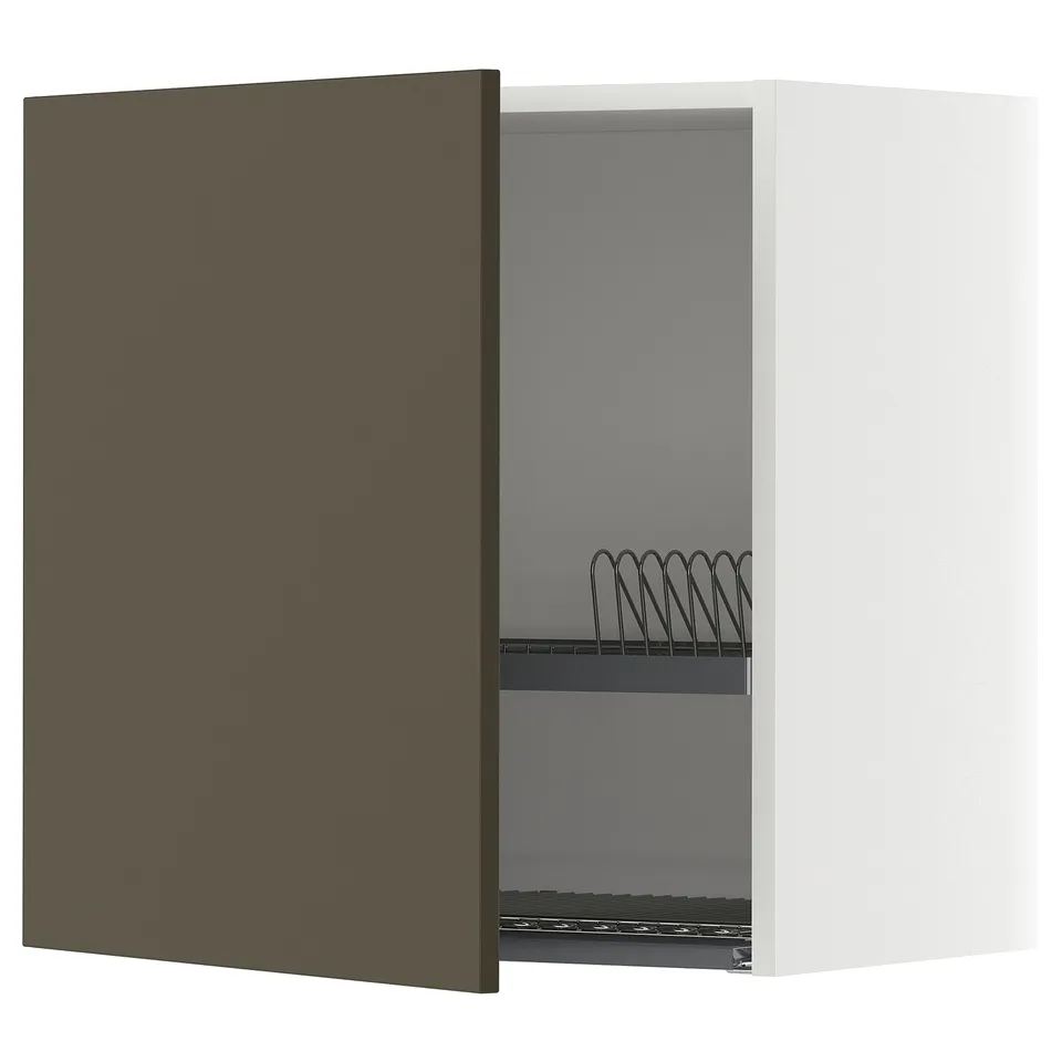 Modern kitchen cabinet, dark brown door, white body, square shape, adjustable shelf inside.
