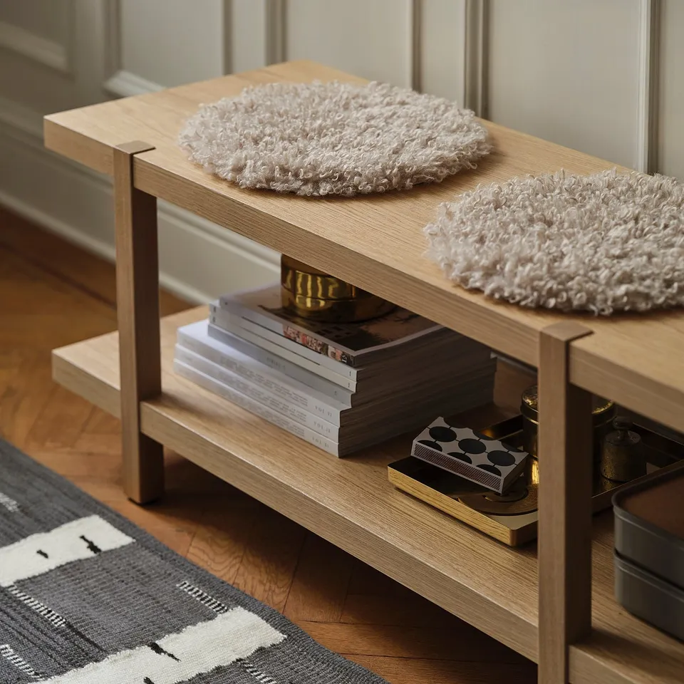 Wooden bench with two fluffy cushions on top, books, and decorative items on the shelves.