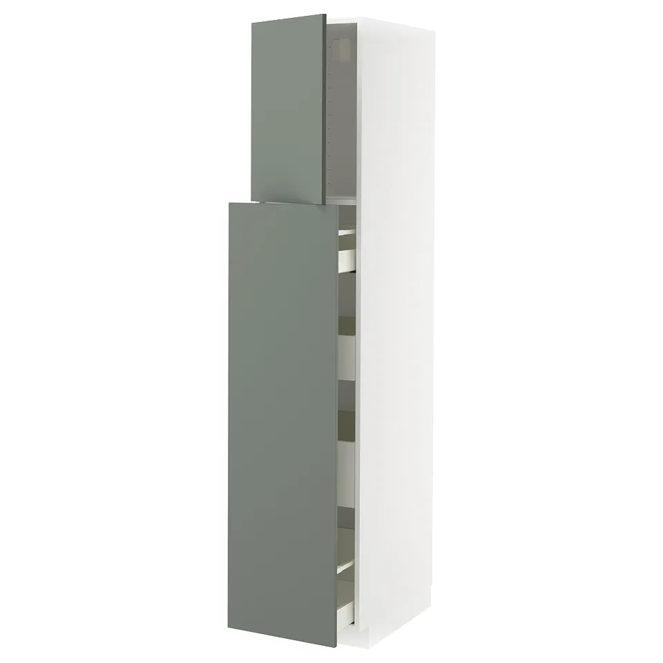 A tall, white cabinet with a gray-green door, part of the METOD kitchen system.