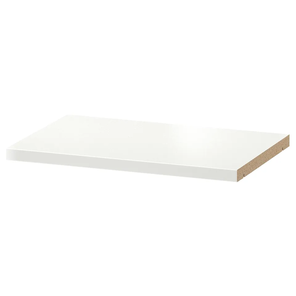 White BILLY shelf, rectangular, flat surface, particleboard material.
