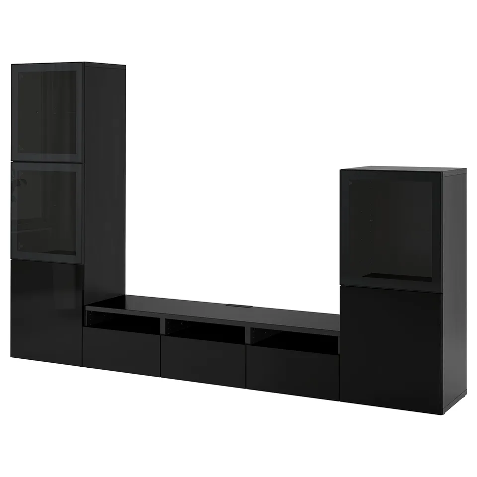 Black BESTÅ combo: sleek tv unit with shelves and closed cabinets for storage, modern design.