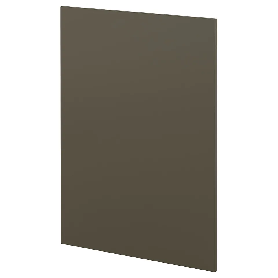 Dark brown kitchen cabinet door with sleek, flat surface.