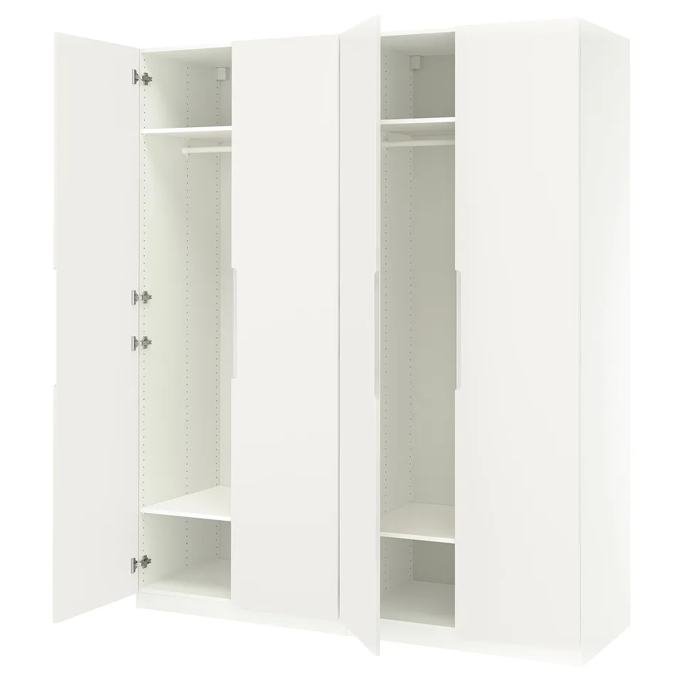 Open white wardrobe, wood.