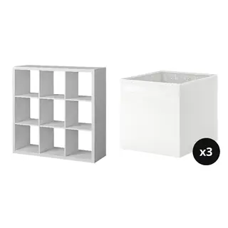 DRÖNA/KALLAX set: shelving unit + box x3, white, Width 111.5 x Depth 39 x Height 111.5 cm
