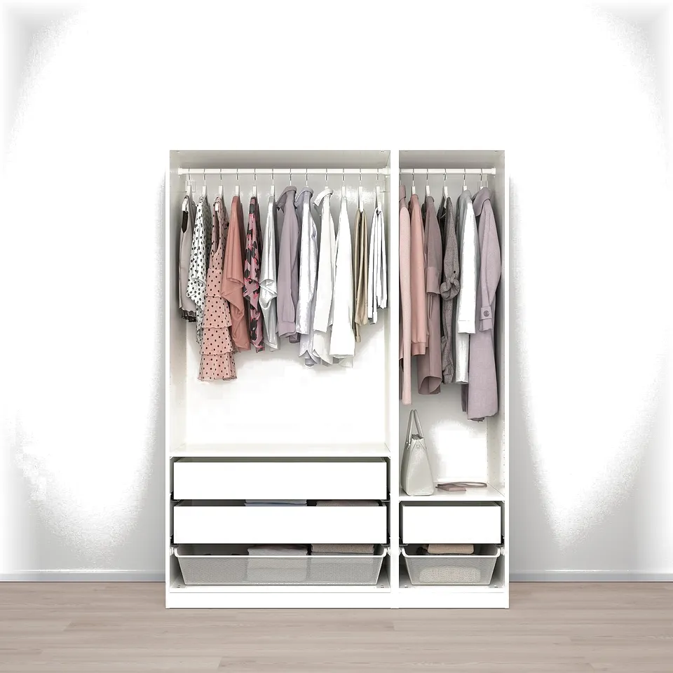 Minimalist wardrobe with adjustable feet, slow-close hinges, mesh baskets, light clothes.