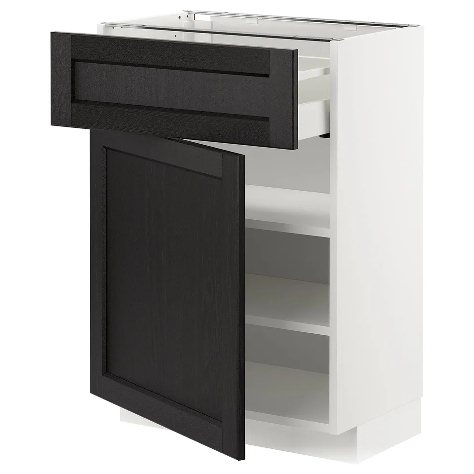 Modern kitchen unit, white with dark wood accents, drawer open, traditional design.