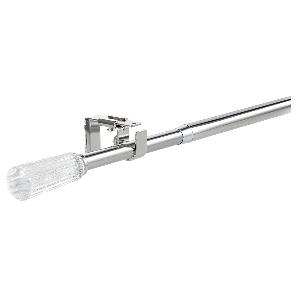 Soldvärg mal silver curtain rod set, shiny chrome steel & glass, modern design.