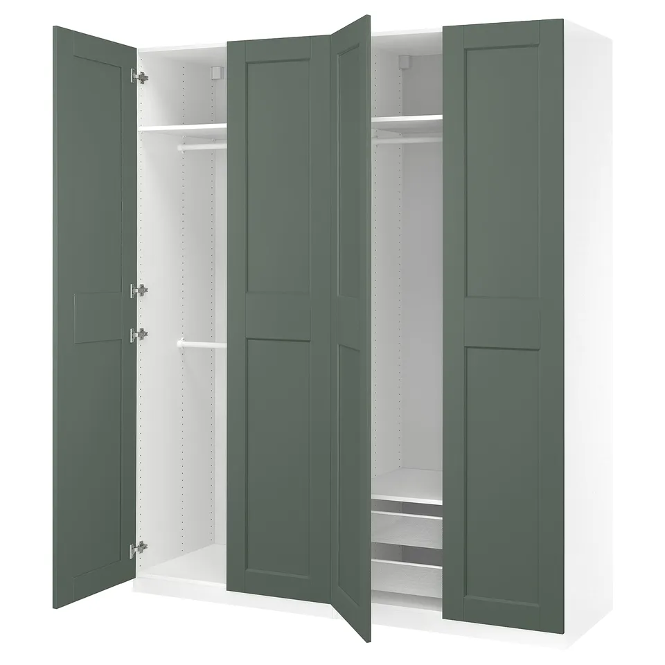 Image shows green PAX wardrobe with open doors, metal hinges, shelves, and mesh basket.