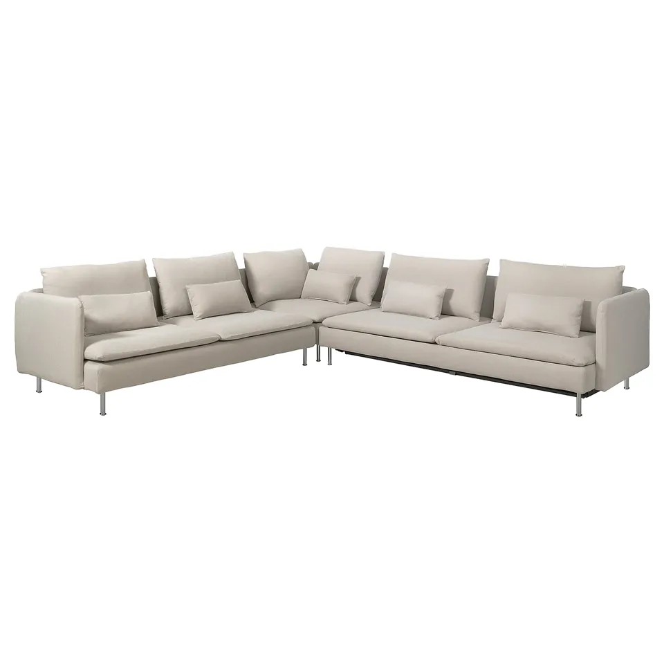 A modern light grey corner sofa bed with sleek design and metal legs.