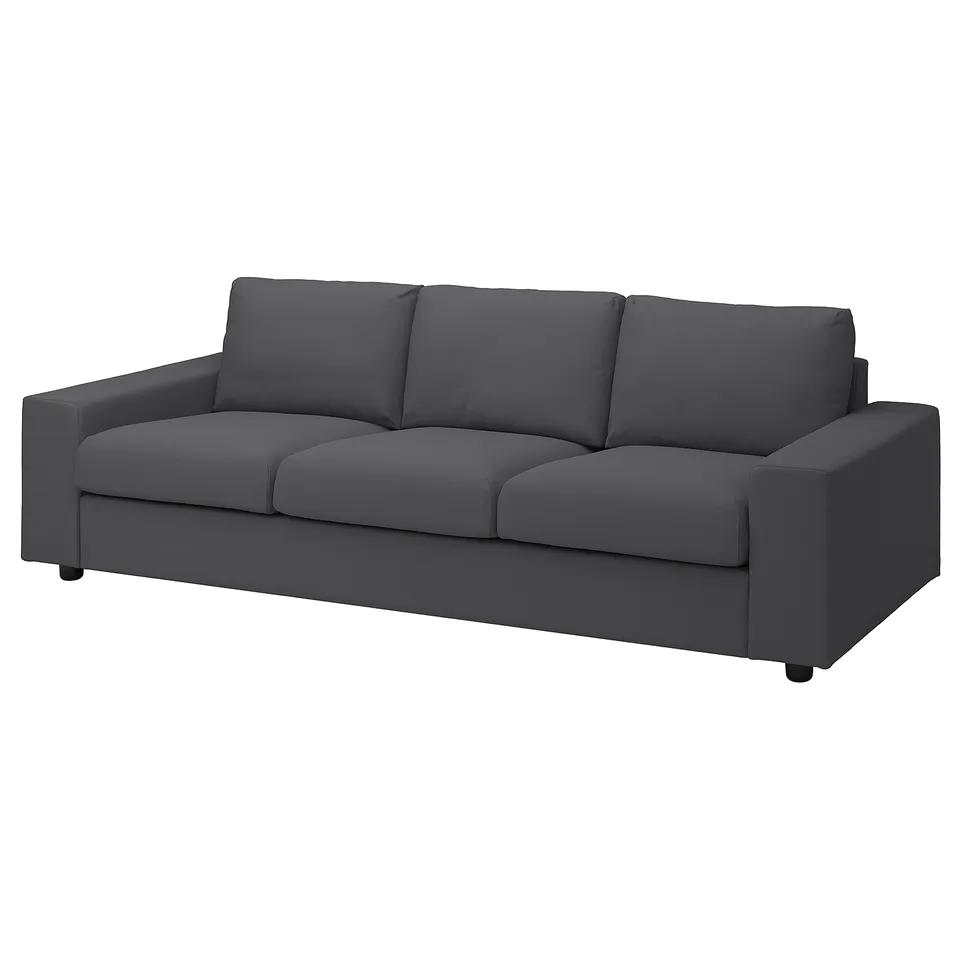 VIMLE sofa, dark grey, modern design, three cushions, sleek arms, cotton-polyester upholstery.