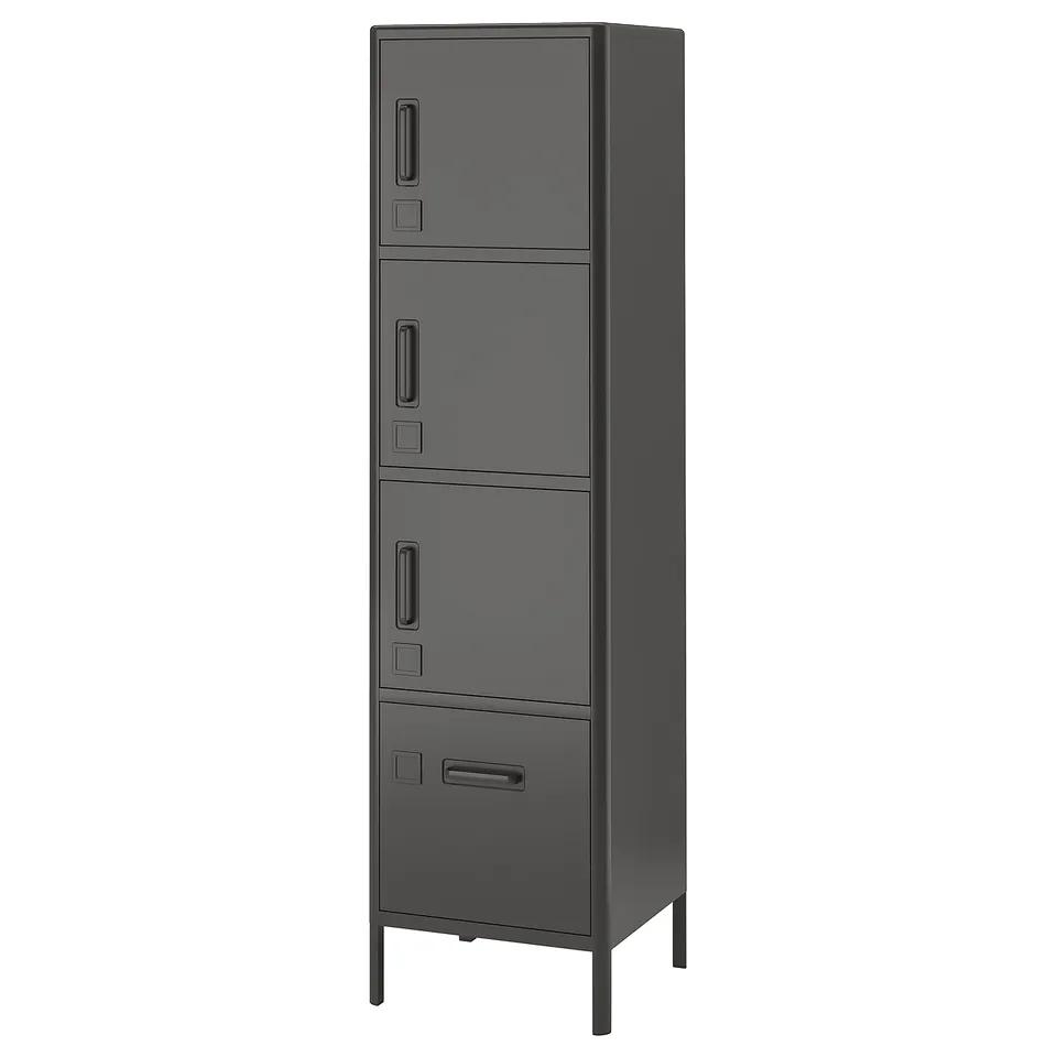 Black IDÅSEN storage cabinet with multiple compartments and a sleek, modern design.