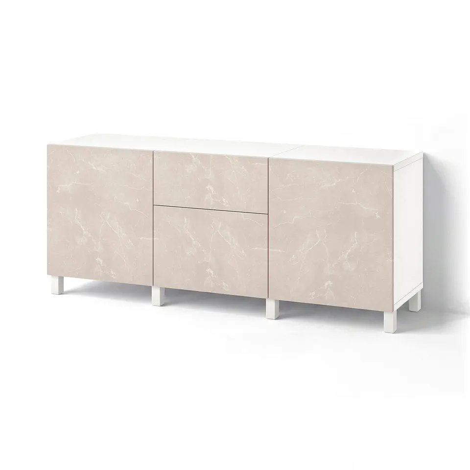 BESTÅ Storage combination with drawers, white Bergsviken/Stubbarp/beige marble effect, 180x42x74 cm
