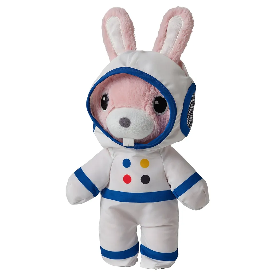 Cute pink bunny in white & blue astronaut suit, soft toy. Made of recycled polyester.