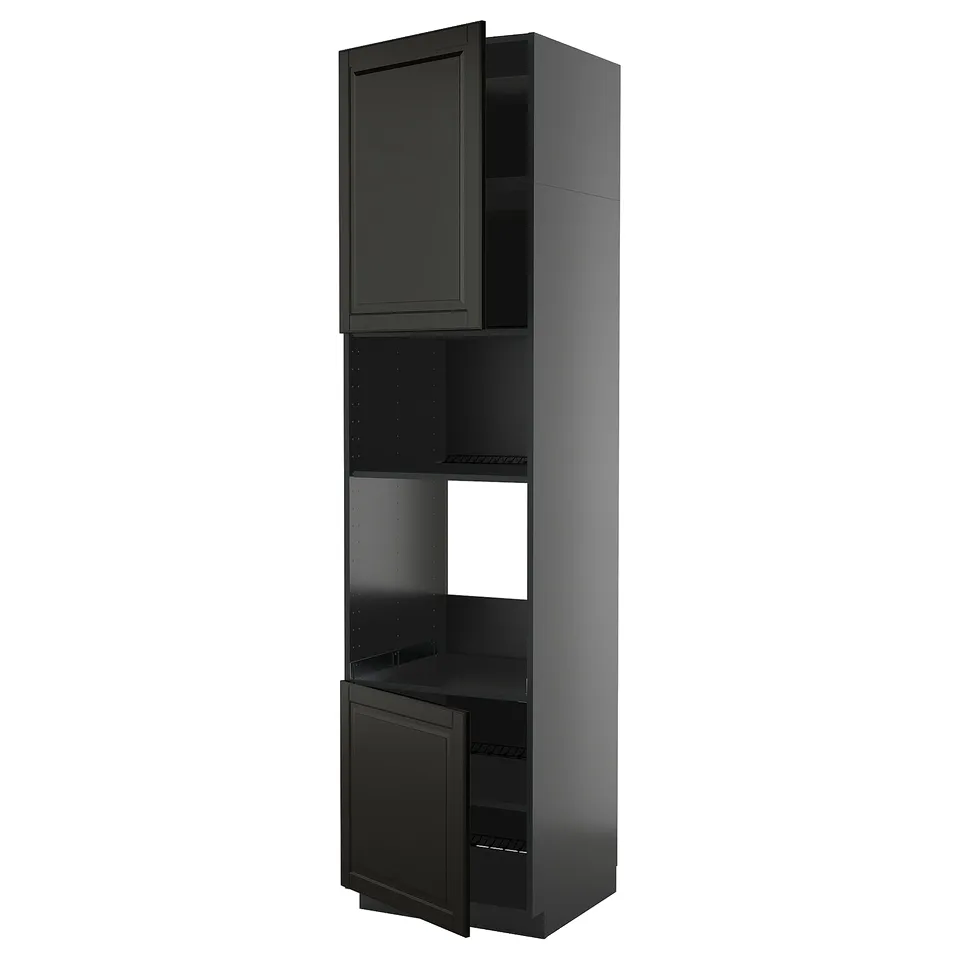 Black METOD kitchen cabinet with bevelled doors, tall, rectangular, modern design.