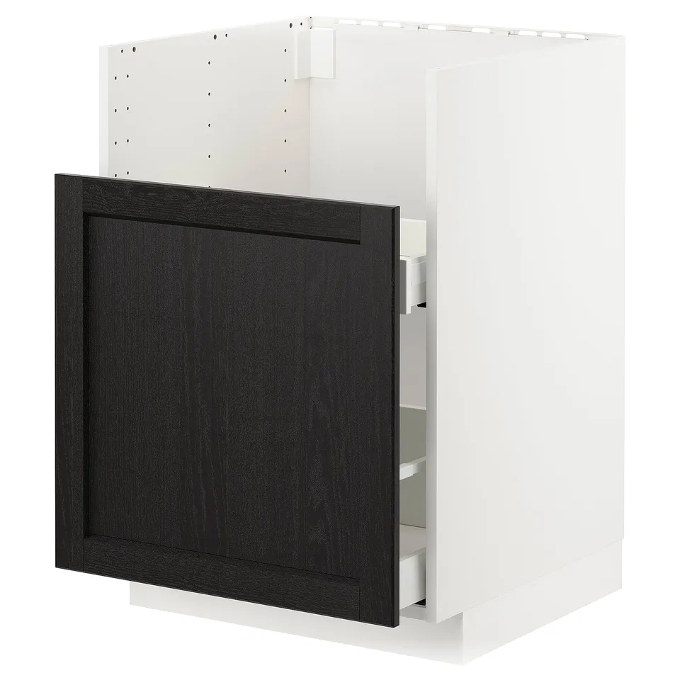 A white ikea METOD cabinet with a black-stained drawer and beveled edges. The design is modern with a sturdy frame and a smooth drawer mechanism.