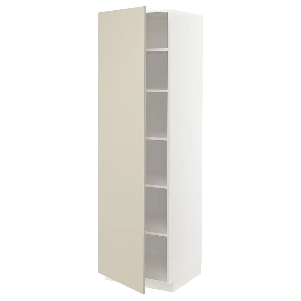 A white and beige METOD kitchen cabinet with three interior shelves, designed for storage.