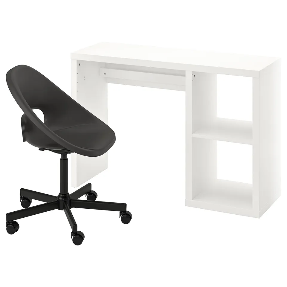 A white desk with an open shelf and black office chair with wheels.