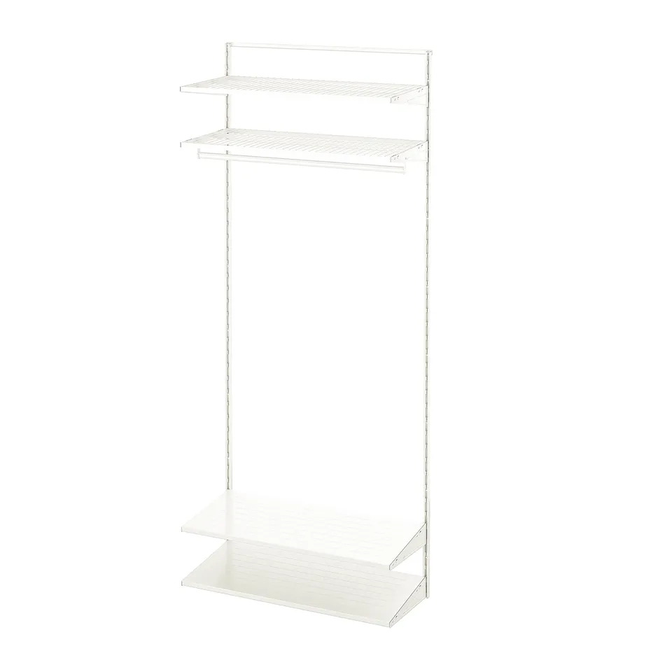 White BOAXEL wall storage system with shelves and rack.