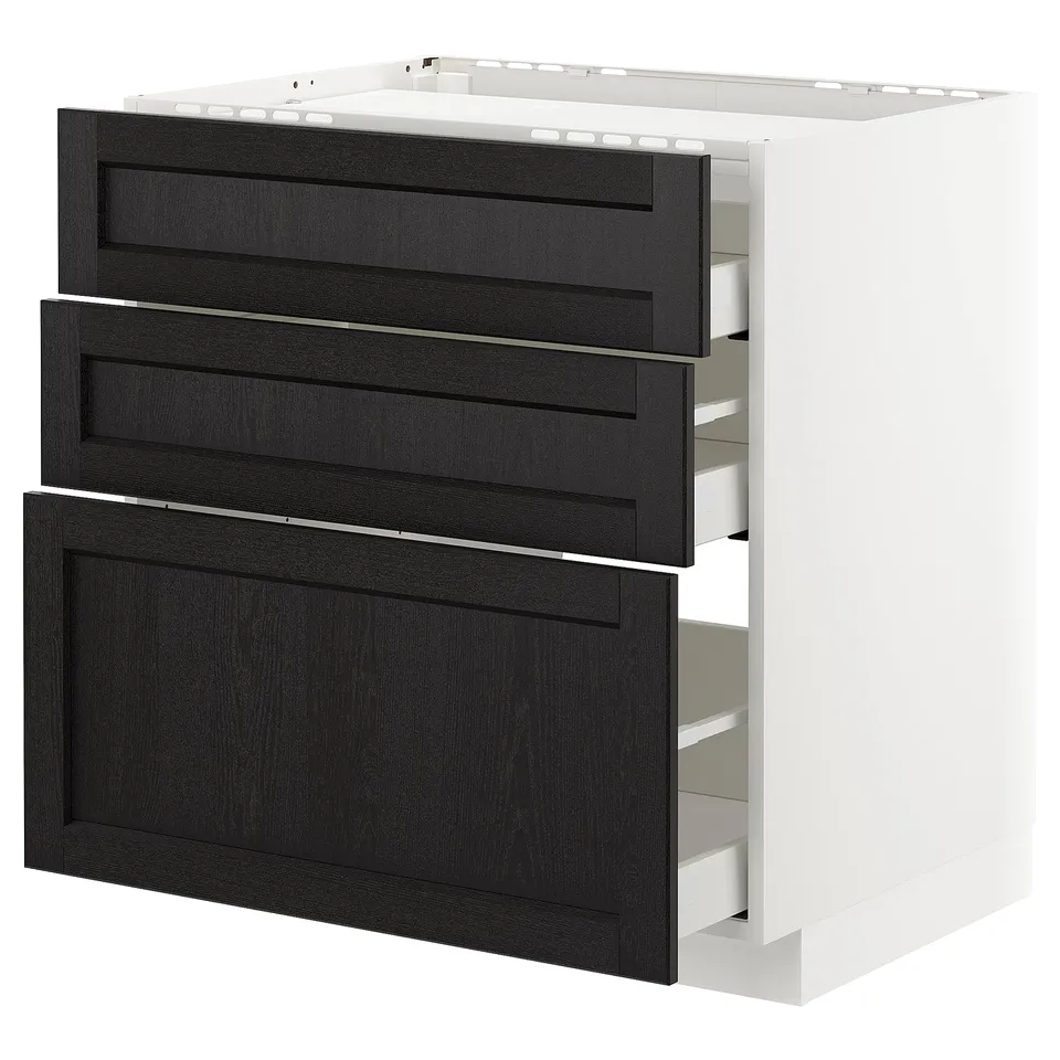 Black wooden kitchen cabinet with three drawers, modern with traditional touch.