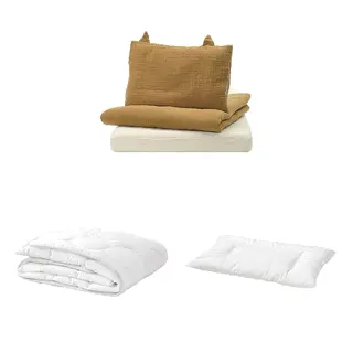 GULDVÄVARE/LEN/LENAST set: 3-piece bedlinen set for cot + duvet for cot + pillow for cot, dark yellow/beige + white/grey + white, 60x120 cm