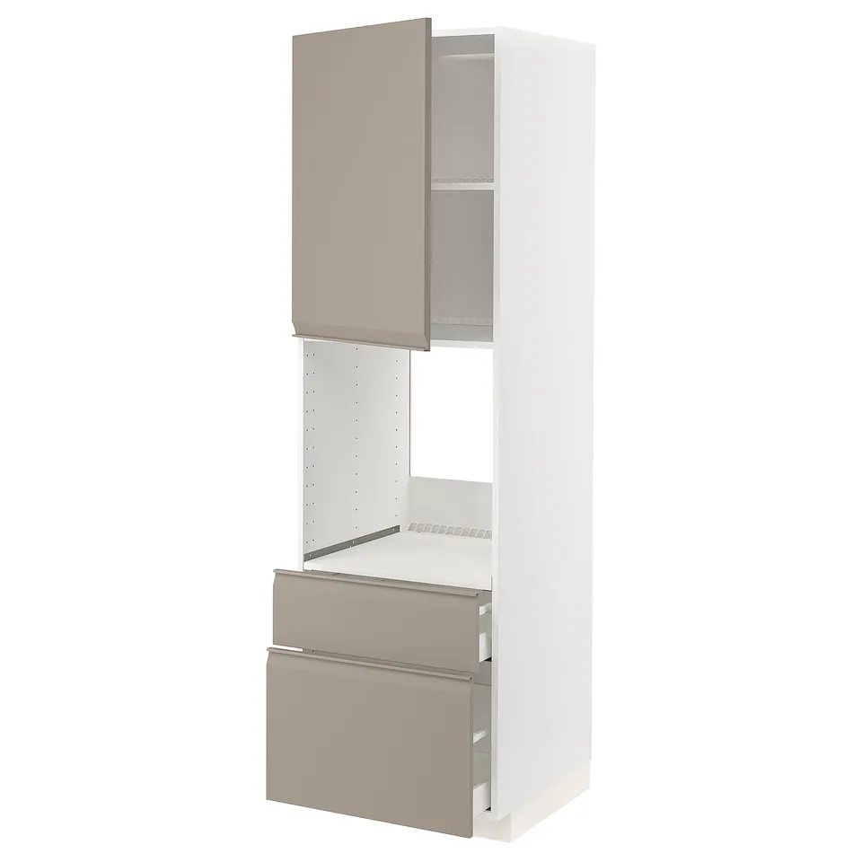 An ikea METOD kitchen unit in white with grey-beige drawers and door, showcasing a modern design with a chamfered edge and integrated handles.