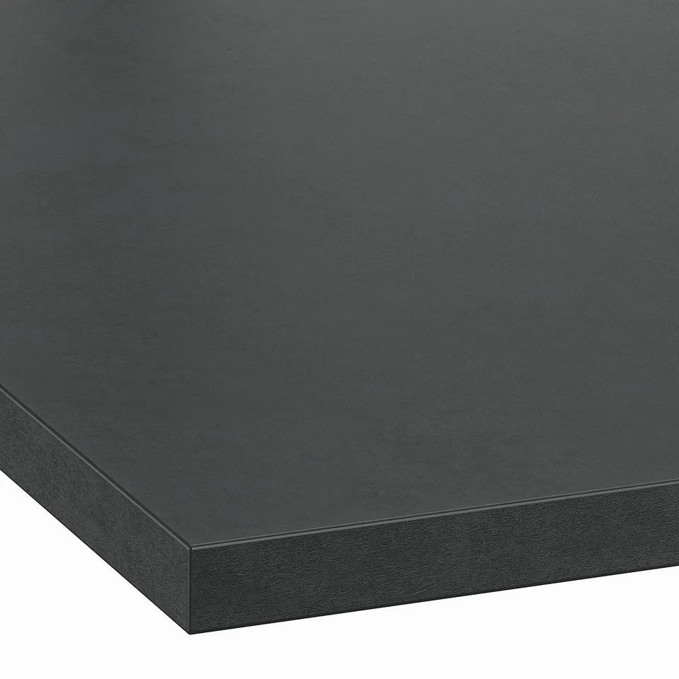 Dark grey modern worktop with smooth, wipe-clean surface and sleek, straight edging. High-quality laminate finish.