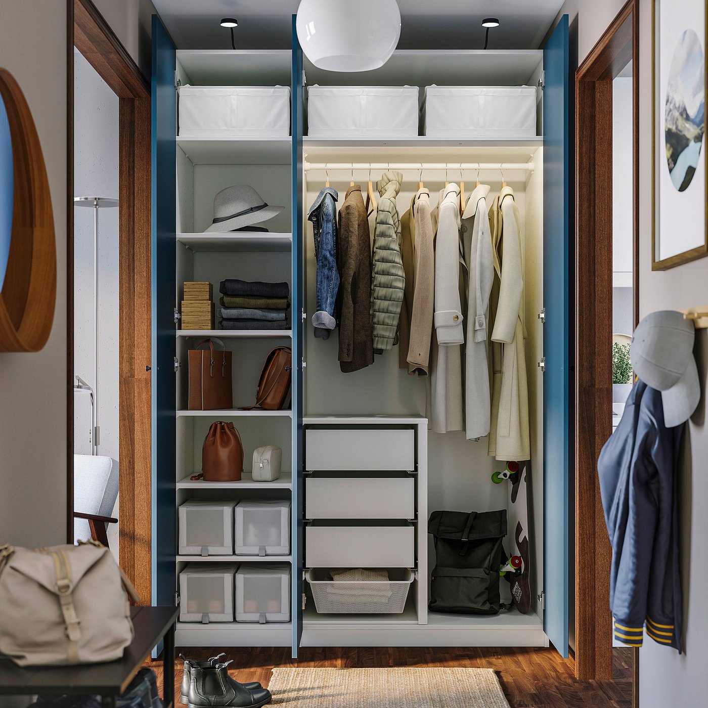 Well-organized closet: clothes hangers, shelves, drawers, and storage bins within a PAX wardrobe.