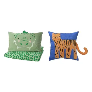 NATTHÄGER set: duvet cover and pillowcase + cushion, green/crocodile + blue/tiger, 150x200/50x80 cm