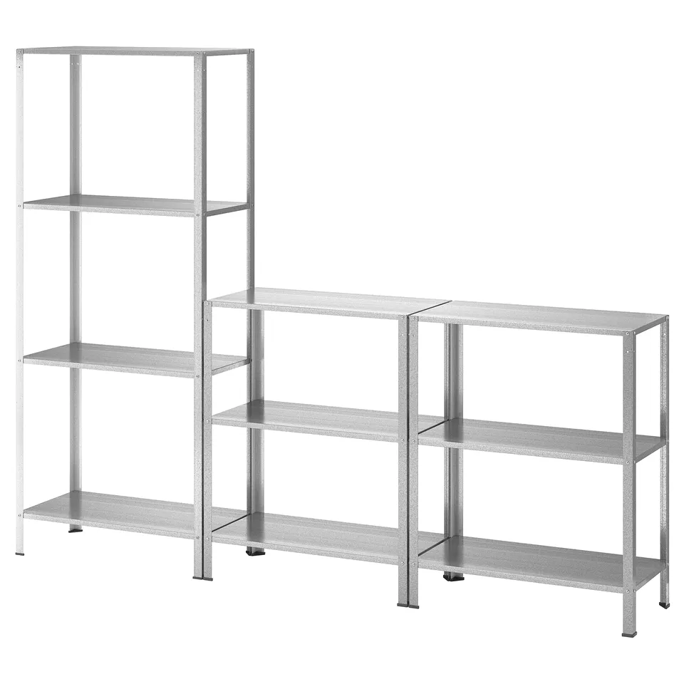 Two grey metal shelving units with multiple shelves.