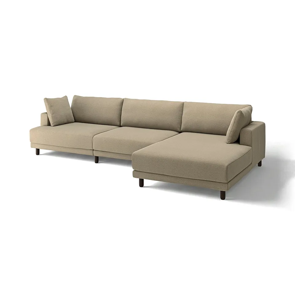 UPPÅKRA beige sectional sofa with chaise, modern design, upholstered in soft fabric with wooden legs.