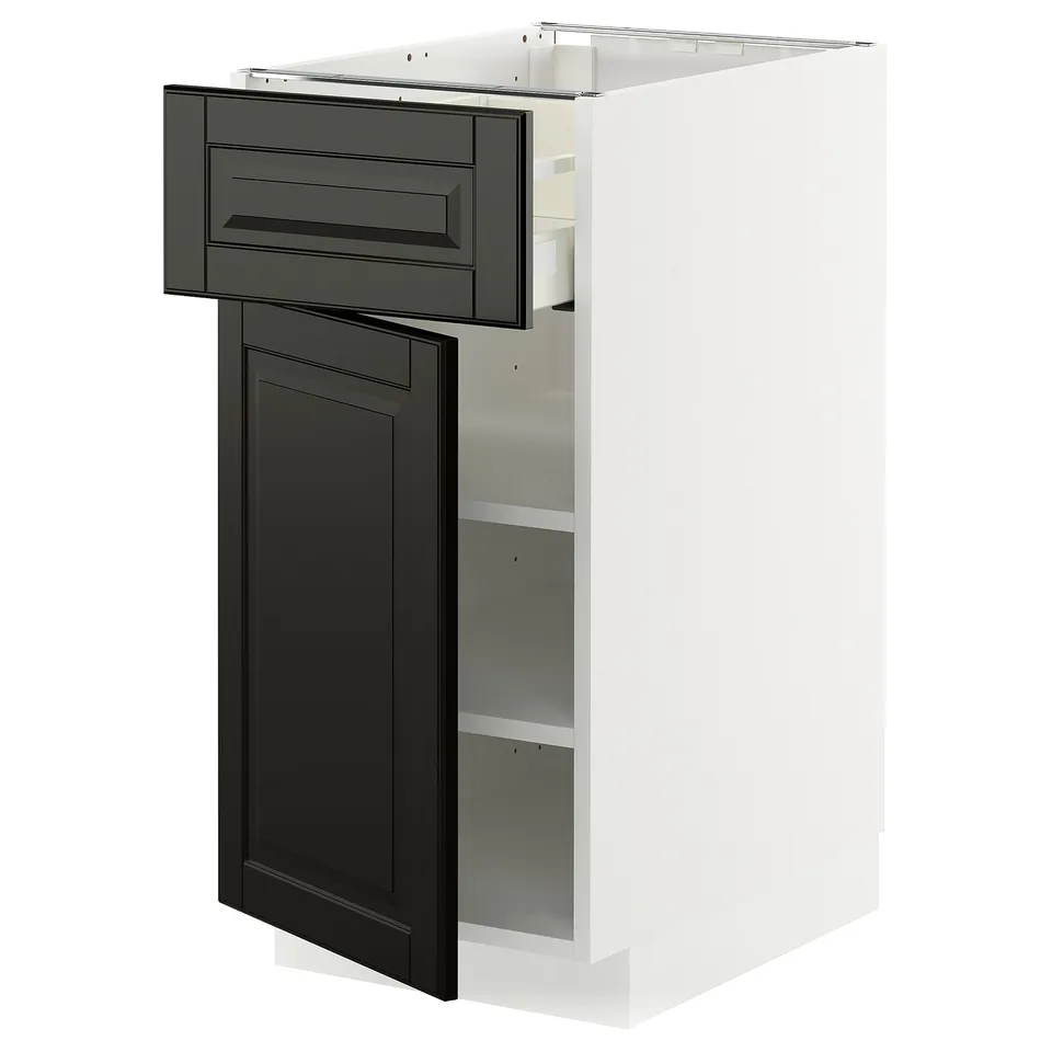 METOD kitchen unit, white & black. Modern, sleek design. Adjustable shelves, soft-close drawer.