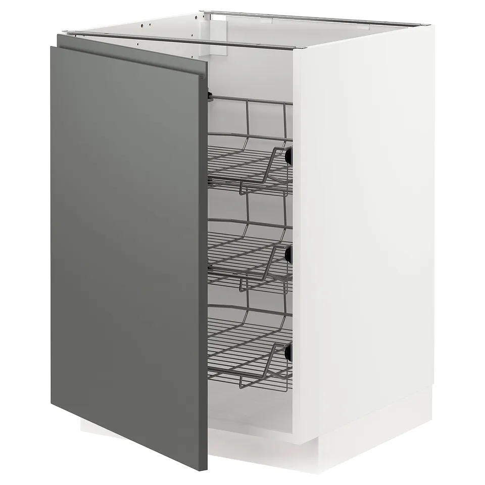 A dark grey METOD kitchen cabinet with four wire shelves. Its rectangular with clean lines and modern design.
