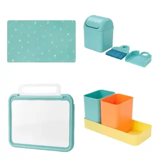 BÖNSYRSA set: desk pad + cleaning set + book holder + organiser, turquoise + foldable + multicolour, Length 60 x Width 37 cm