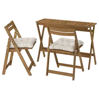 NÄMMARÖ table and 2 folding chairs, outdoor, foldable light brown stained/Kuddarna light grey-beige, 108x37 cm