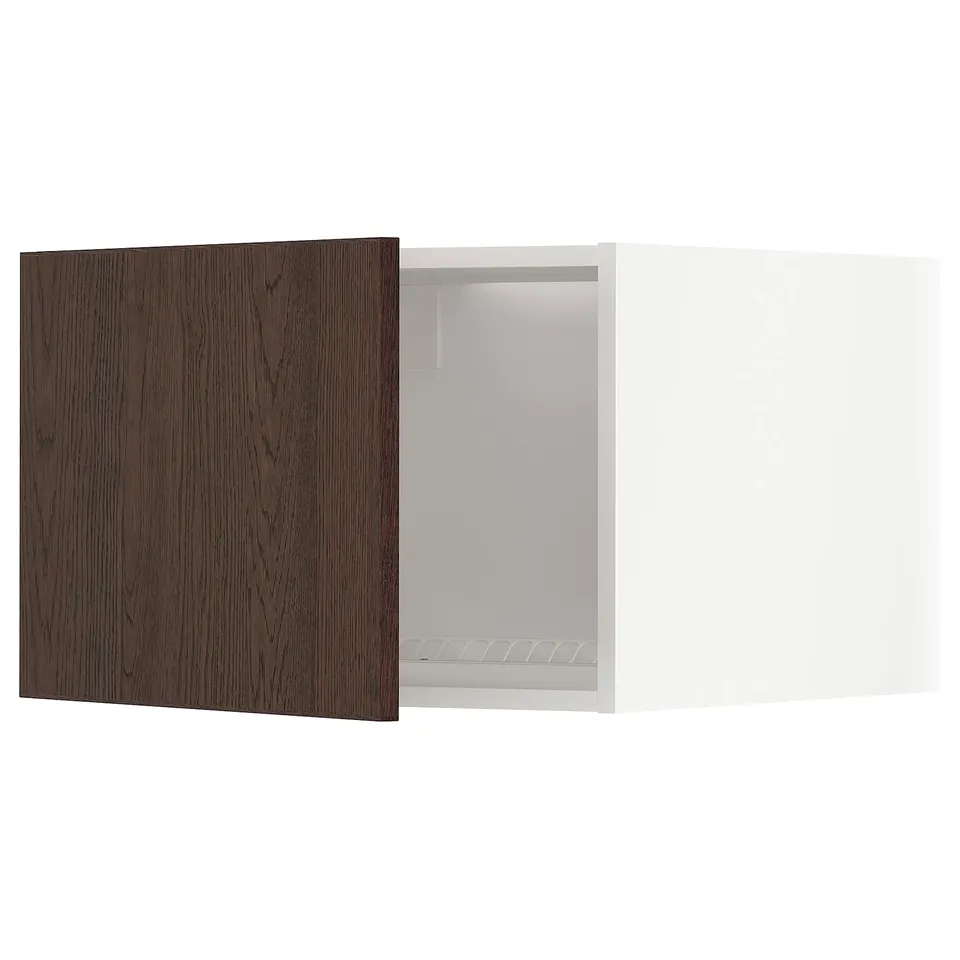 Modern kitchen unit: dark brown oak door, white interior, square shape.
