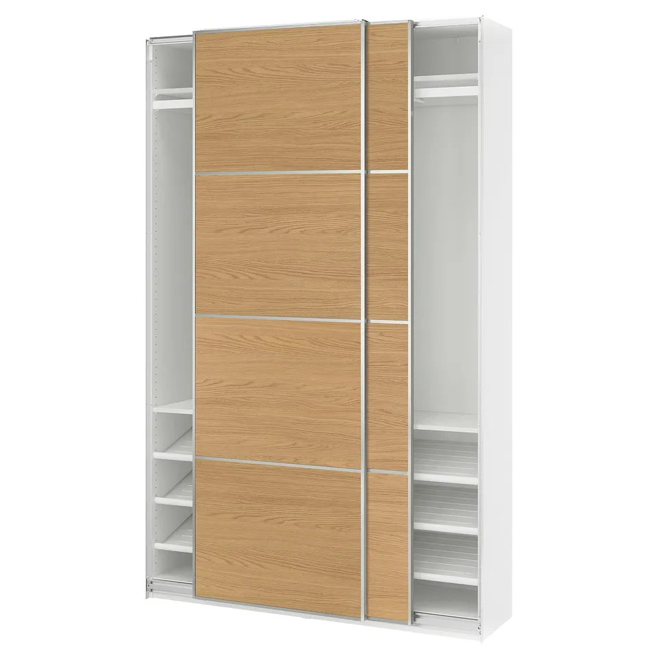 PAX / MEHAMN Wardrobe with sliding doors, white aluminium/double sided oak effect, 150x43x236 cm