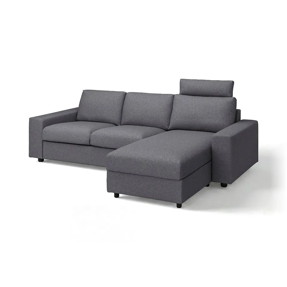 VIMLE grey 3-seat sofa, l-shaped with storage, soft fabric.