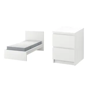 MALM set: bed frame with mattress + chest of 2 drawers, white/Valevåg extra firm + white, Length 209 x Width 135 x Height 100 cm