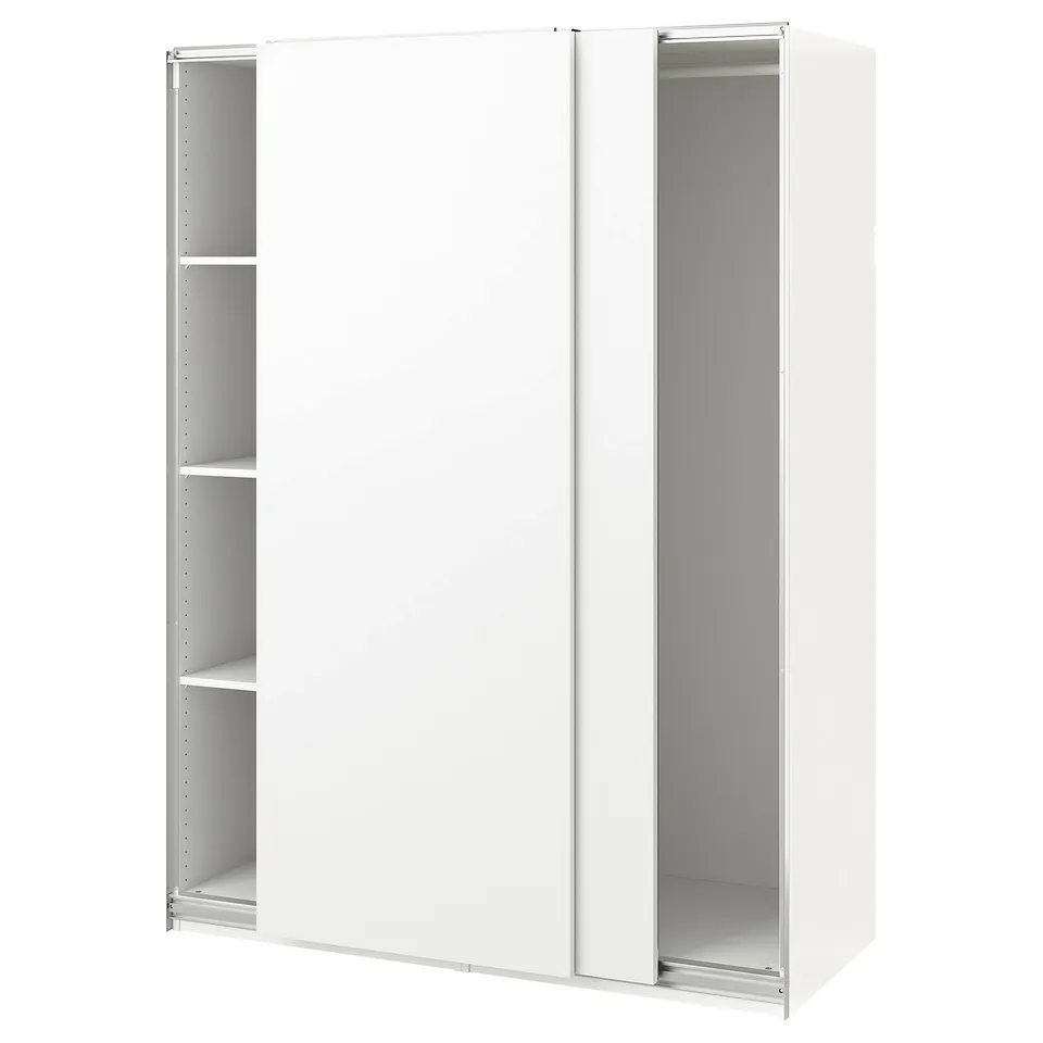 A white ikea PAX wardrobe with sliding doors and inner shelves.